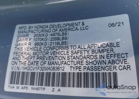 2021 Honda Accord Sport из США, поврежденный, VIN 1HGCV1F32MA083812